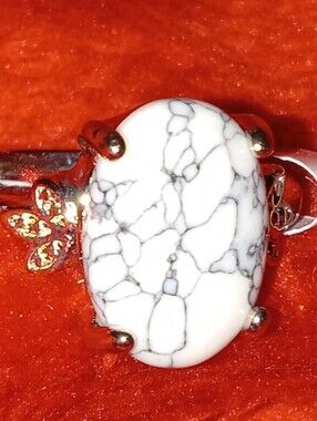 Goth White And Black Marbled  Stone Silver Plated Ring Size 9.5